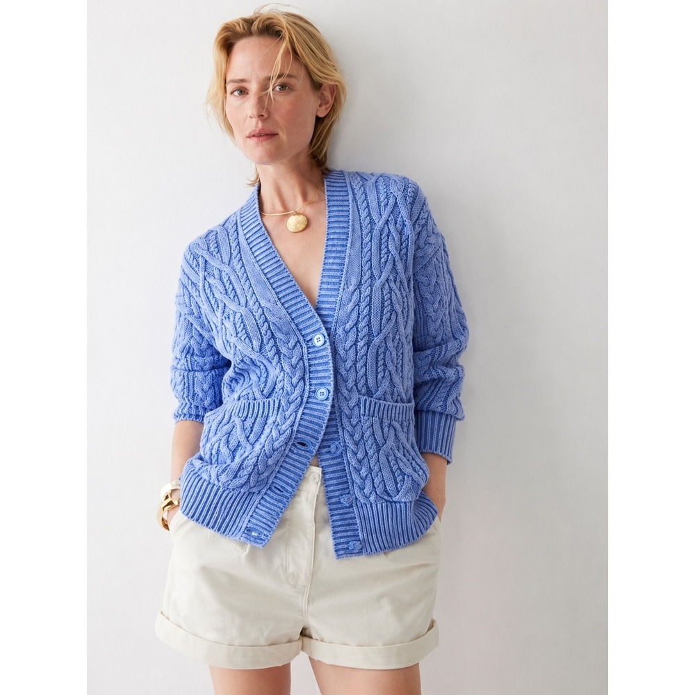 J.Crew Washed Blue Cable-Knit V-Neck Cardigan Sweater Size S